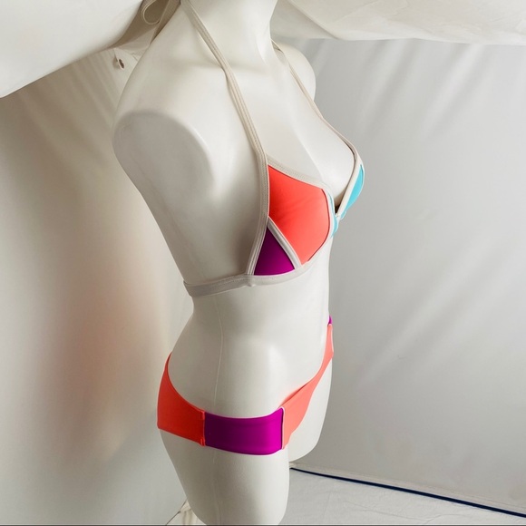 Victoria’s Secret PINK neon bikini coral aqua purple colorblock S/M - Picture 4 of 16